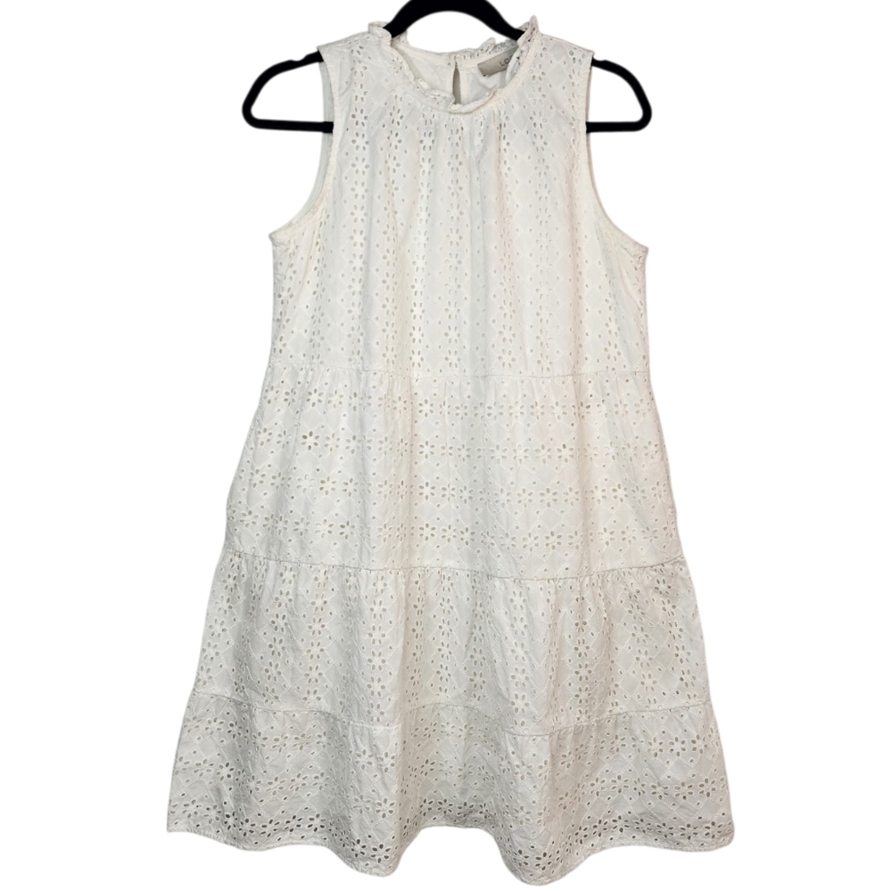 LOFT White Sleeveless Eyelet Tiered Mini Dress